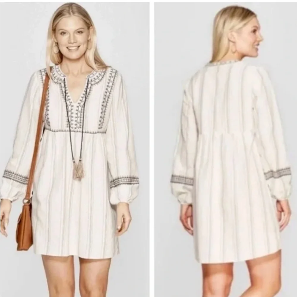 Knox Rose Boho Embroidered Peasant Mini Dress Women XS Beige Navy Tassel